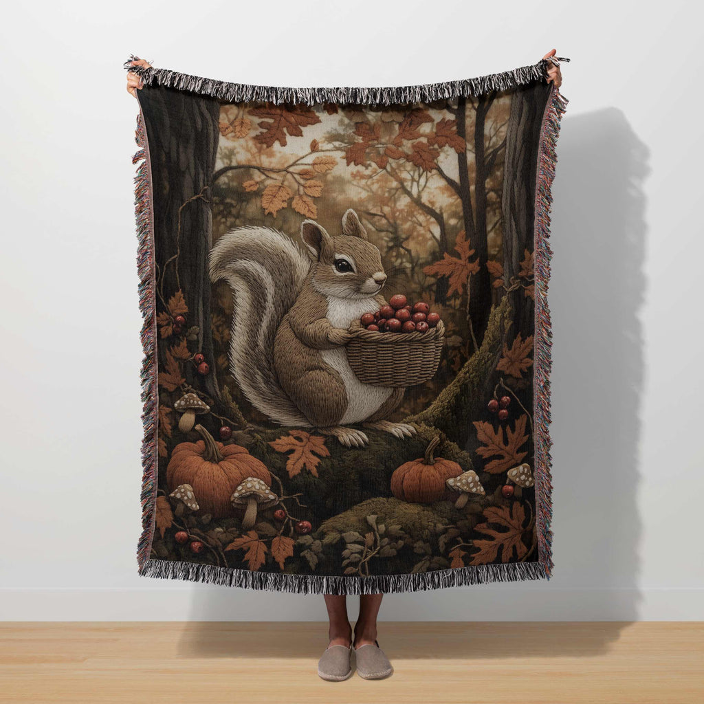 Squirrel Woven Blanket Forest Animal Tapestry Autumn Fall Throw Cottagecore Decor Woodland Pumpkin Blanket Whimsical Squirrel Mushroom Throw