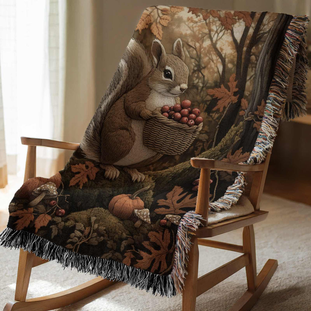 Squirrel Woven Blanket Forest Animal Tapestry Autumn Fall Throw Cottagecore Decor Woodland Pumpkin Blanket Whimsical Squirrel Mushroom Throw