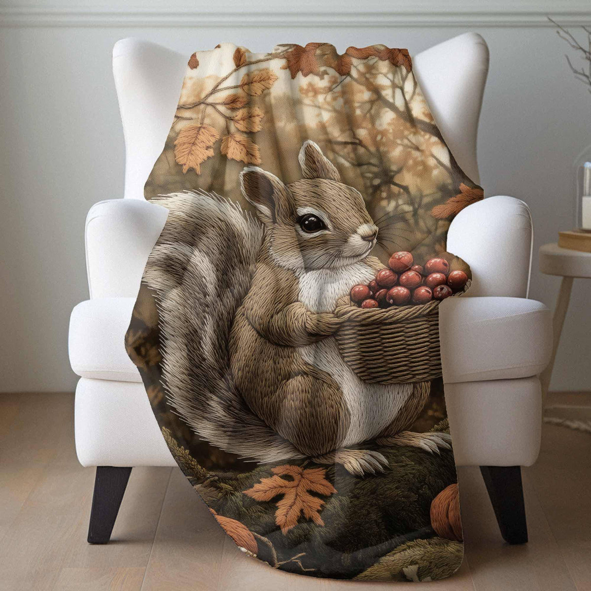 Squirrel Woven Blanket Forest Animal Tapestry Autumn Fall Throw Cottagecore Decor Woodland Pumpkin Blanket Whimsical Squirrel Mushroom Throw