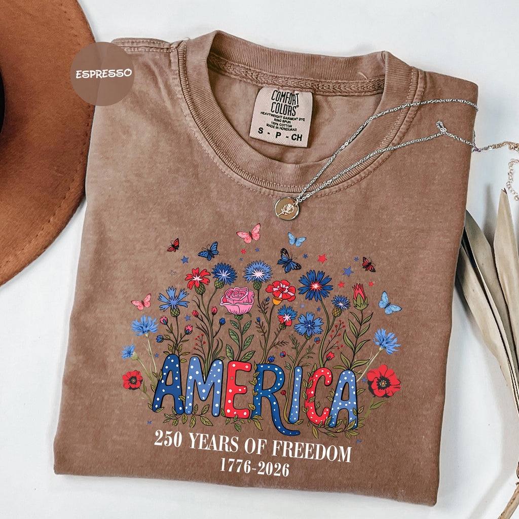 Comfort Colors USA Shirt, 4th of July shirt, floral USA tee, summer patriotic shirt for women, America est 1776 shirt, red white blue shirt