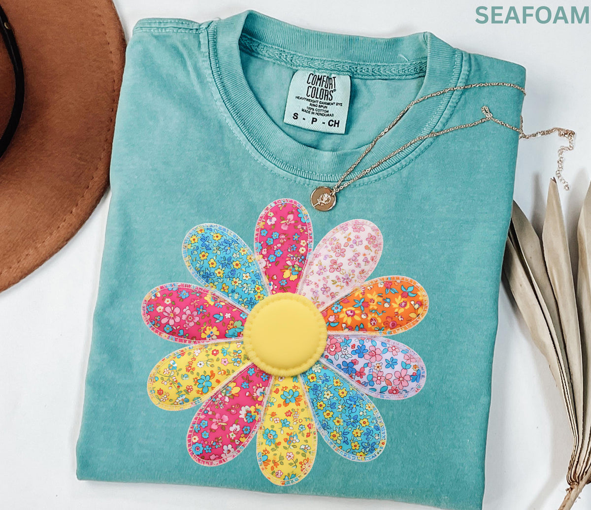 Comfort Colors Faux Patchwork Daisy Flower Shirt Retro Floral Shirt Spring Summer Flower Shirt Boho Daisy Tee Cute Floral Women Youth Shirt