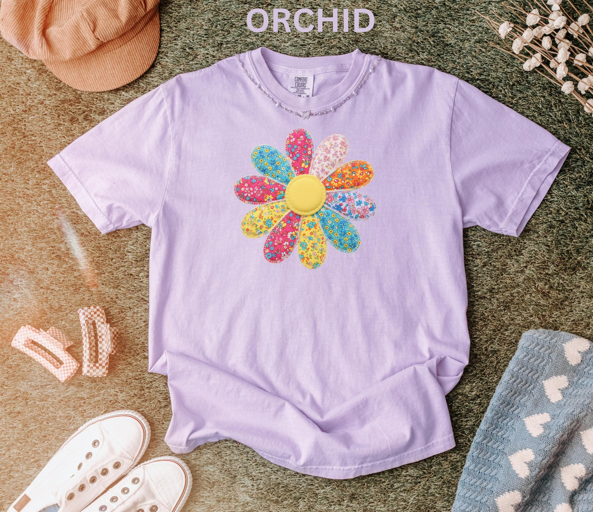 Comfort Colors Faux Patchwork Daisy Flower Shirt Retro Floral Shirt Spring Summer Flower Shirt Boho Daisy Tee Cute Floral Women Youth Shirt