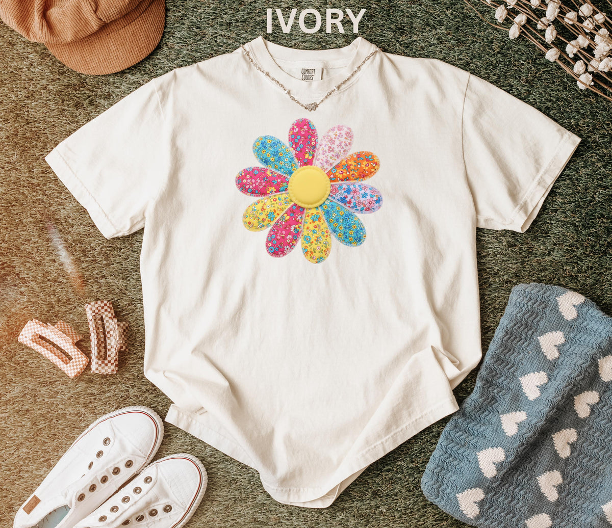 Comfort Colors Faux Patchwork Daisy Flower Shirt Retro Floral Shirt Spring Summer Flower Shirt Boho Daisy Tee Cute Floral Women Youth Shirt