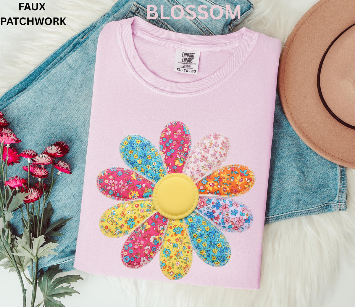Comfort Colors Faux Patchwork Daisy Flower Shirt Retro Floral Shirt Spring Summer Flower Shirt Boho Daisy Tee Cute Floral Women Youth Shirt