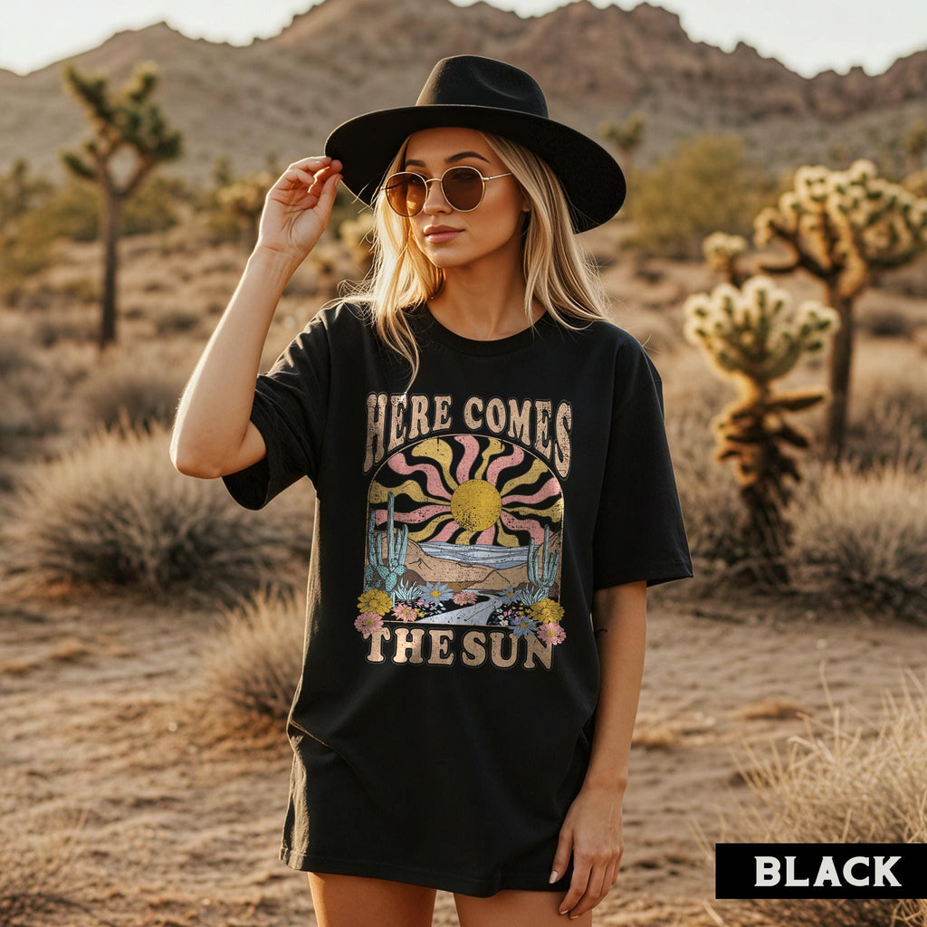 Here Comes The Sun Shirt, Comfort Colors® Retro Desert Sunset Graphic Tee, Boho Western Shirts