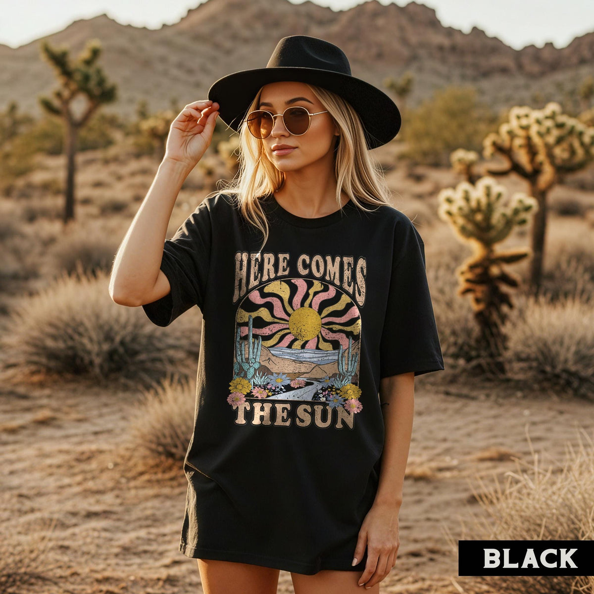 Here Comes The Sun Shirt, Comfort Colors® Retro Desert Sunset Graphic Tee, Boho Western Shirts