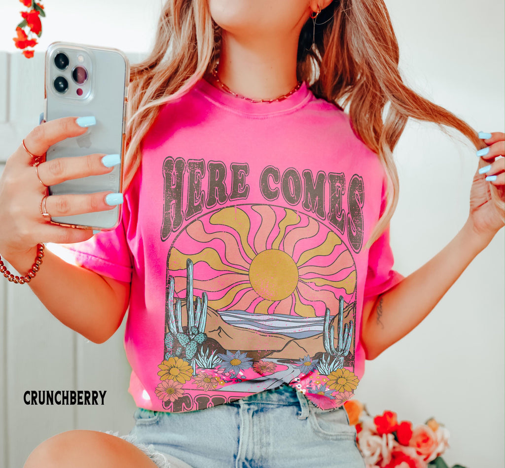 Here Comes The Sun Shirt, Comfort Colors® Retro Desert Sunset Graphic Tee, Boho Western Shirts