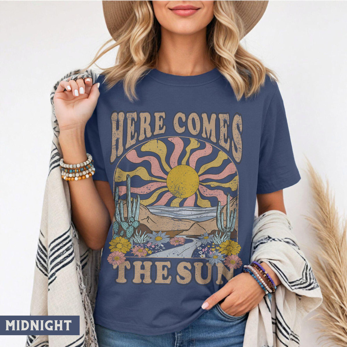 Here Comes The Sun Shirt, Comfort Colors® Retro Desert Sunset Graphic Tee, Boho Western Shirts