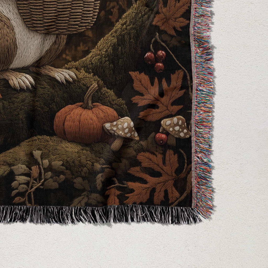 Squirrel Woven Blanket Forest Animal Tapestry Autumn Fall Throw Cottagecore Decor Woodland Pumpkin Blanket Whimsical Squirrel Mushroom Throw