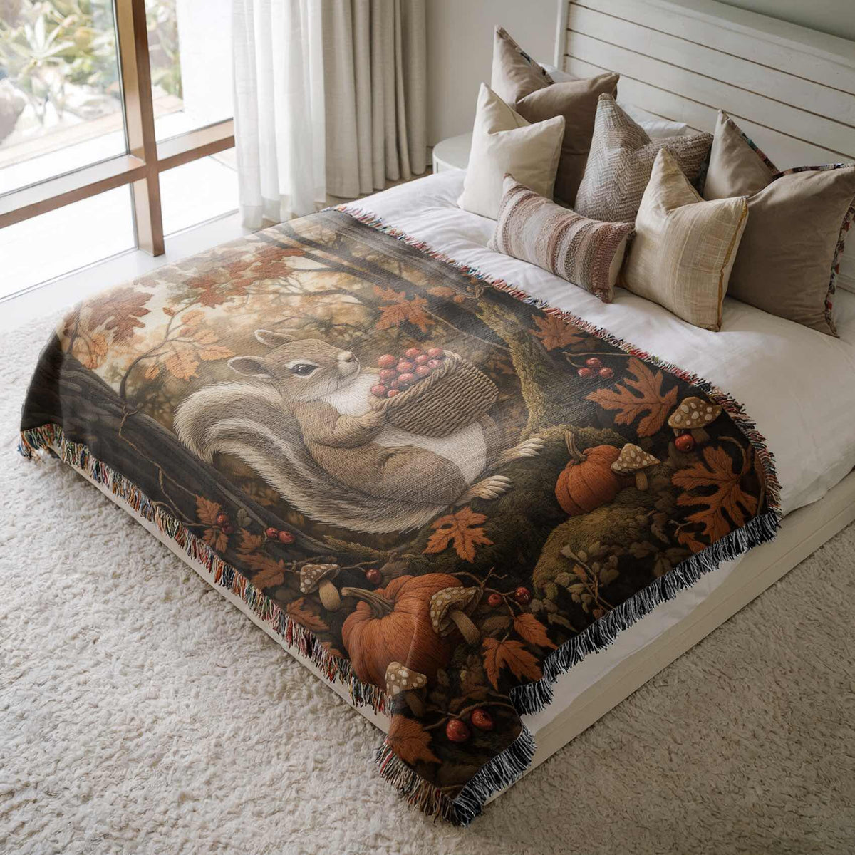 Squirrel Woven Blanket Forest Animal Tapestry Autumn Fall Throw Cottagecore Decor Woodland Pumpkin Blanket Whimsical Squirrel Mushroom Throw