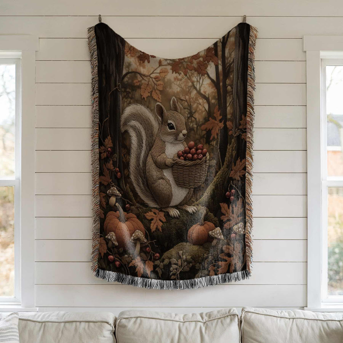 Squirrel Woven Blanket Forest Animal Tapestry Autumn Fall Throw Cottagecore Decor Woodland Pumpkin Blanket Whimsical Squirrel Mushroom Throw