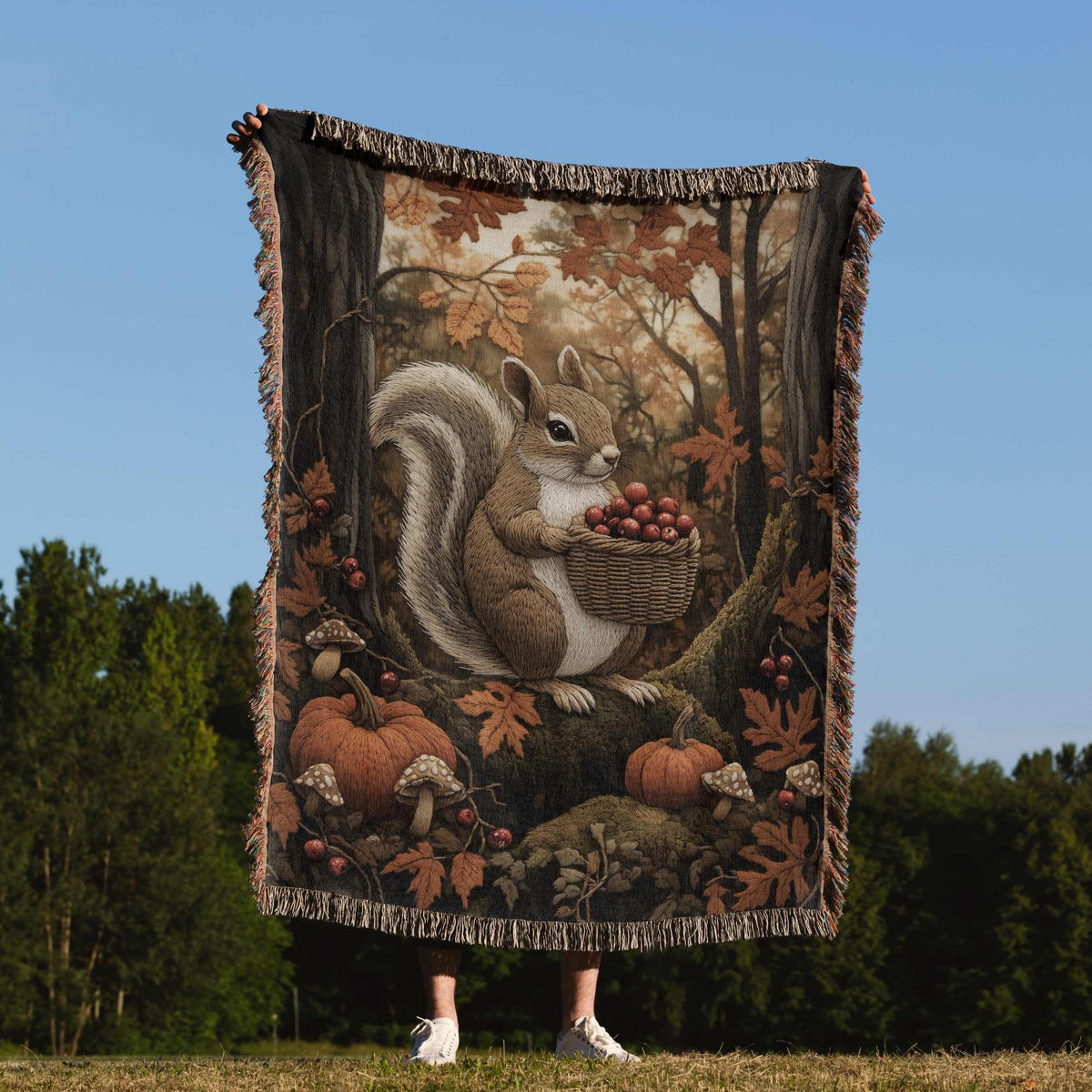 Squirrel Woven Blanket Forest Animal Tapestry Autumn Fall Throw Cottagecore Decor Woodland Pumpkin Blanket Whimsical Squirrel Mushroom Throw