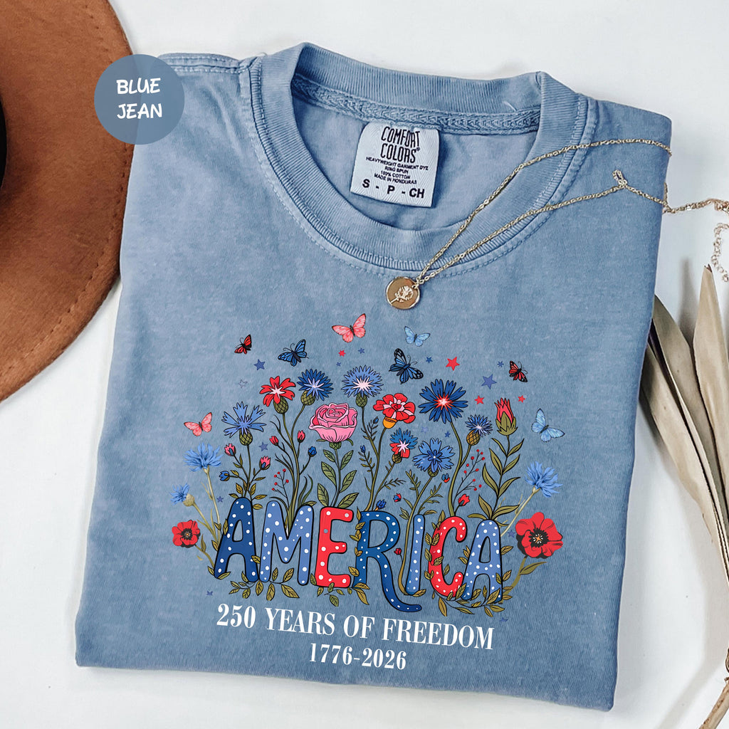 Comfort Colors USA Shirt, 4th of July shirt, floral USA tee, summer patriotic shirt for women, America est 1776 shirt, red white blue shirt