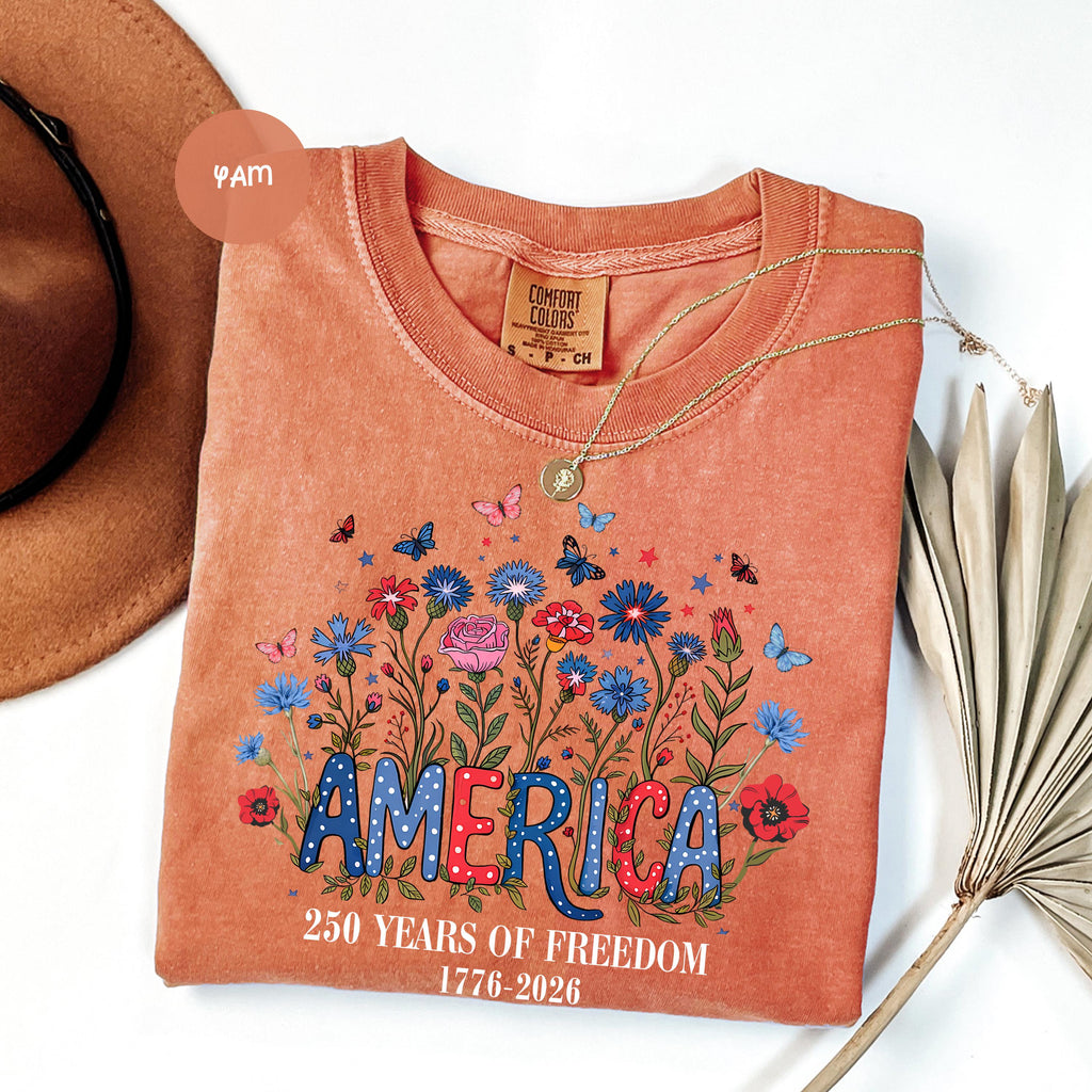 Comfort Colors USA Shirt, 4th of July shirt, floral USA tee, summer patriotic shirt for women, America est 1776 shirt, red white blue shirt