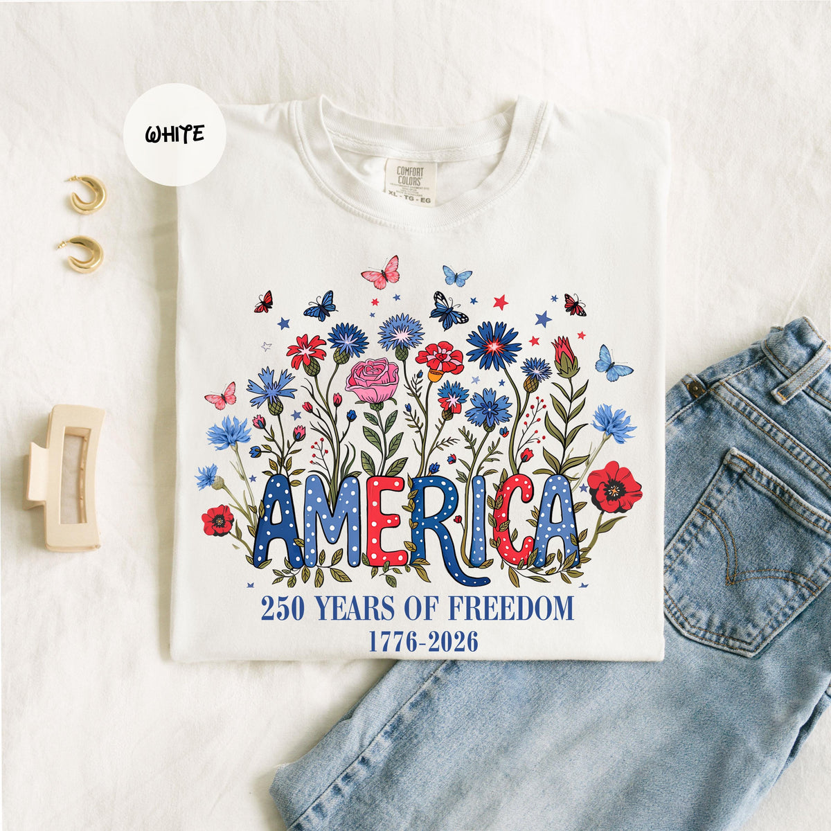 Comfort Colors USA Shirt, 4th of July shirt, floral USA tee, summer patriotic shirt for women, America est 1776 shirt, red white blue shirt