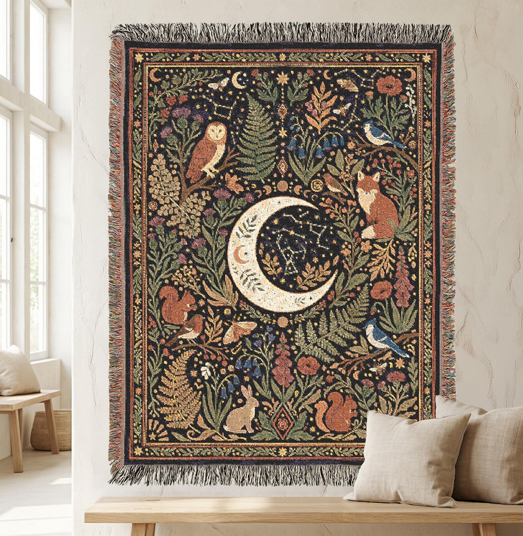 Celestial Woodland Woven Blanket | Moon Forest Animals Tapestry Throw | Cottagecore Botanical Decor