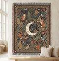 Celestial Woodland Woven Blanket | Moon Forest Animals Tapestry Throw | Cottagecore Botanical Decor