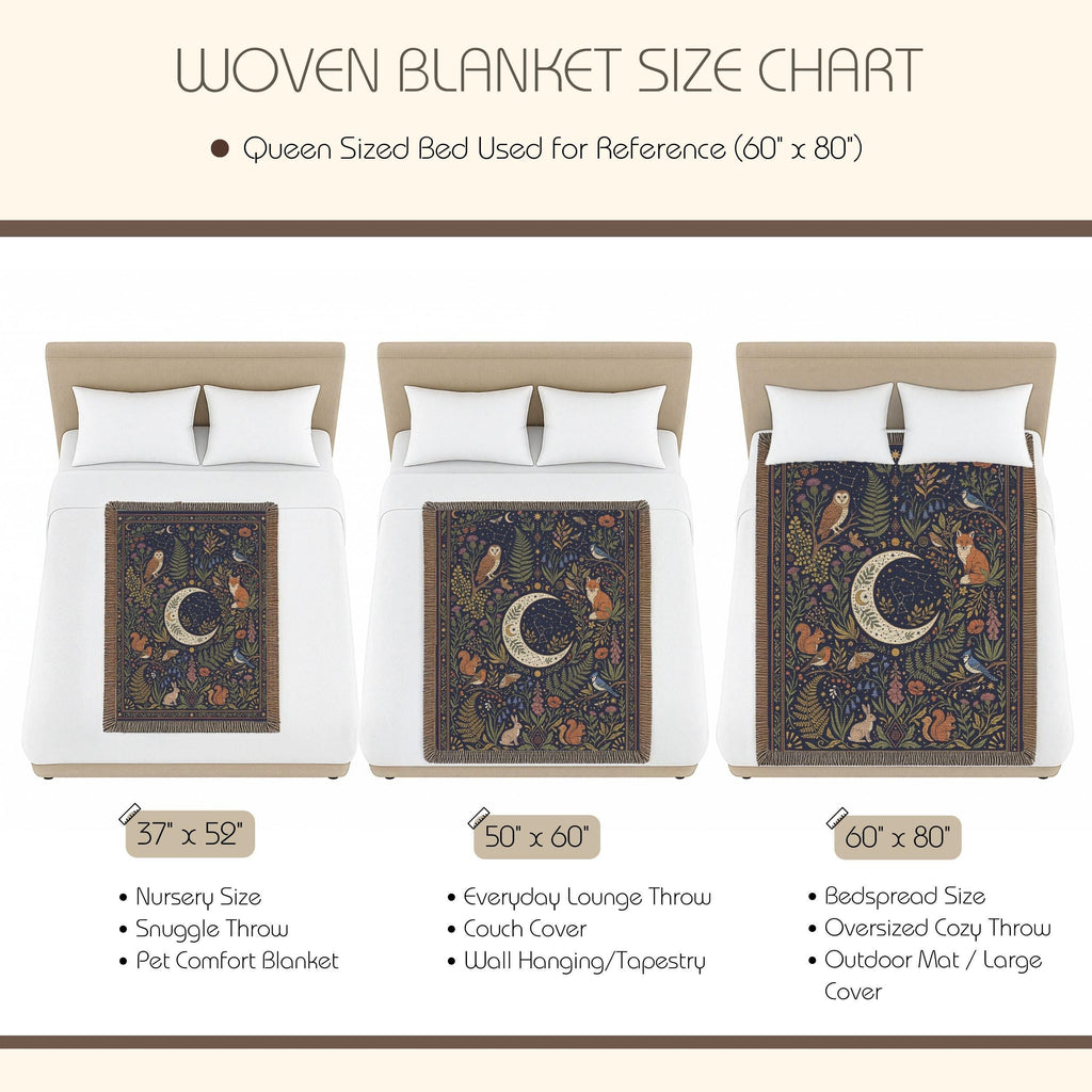 Celestial Woodland Woven Blanket | Moon Forest Animals Tapestry Throw | Cottagecore Botanical Decor
