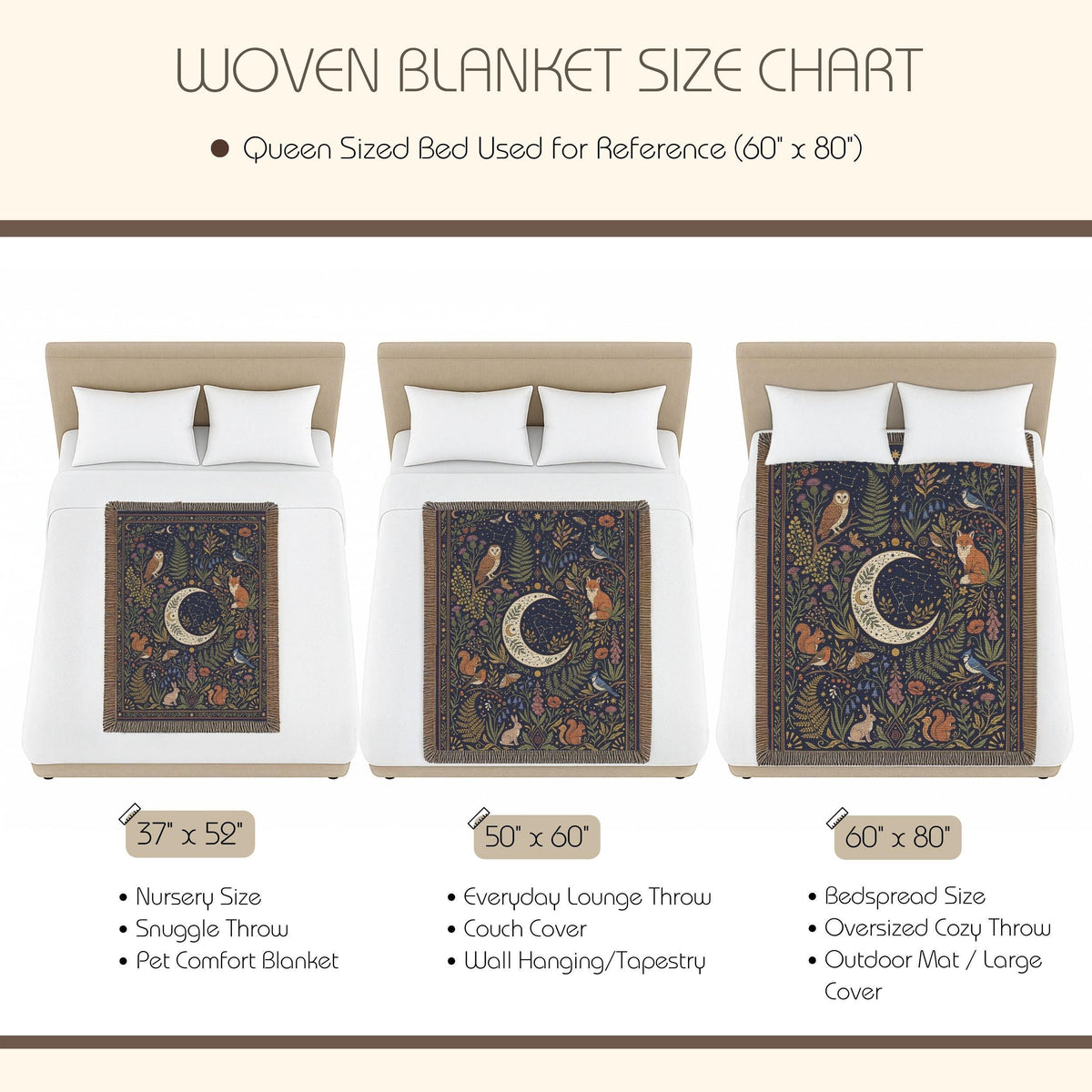 Celestial Woodland Woven Blanket | Moon Forest Animals Tapestry Throw | Cottagecore Botanical Decor