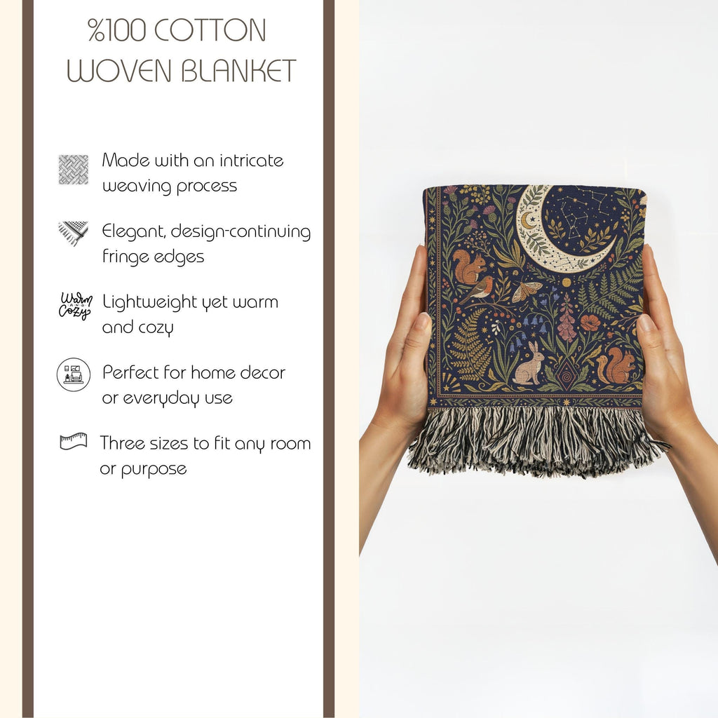 Celestial Woodland Woven Blanket | Moon Forest Animals Tapestry Throw | Cottagecore Botanical Decor