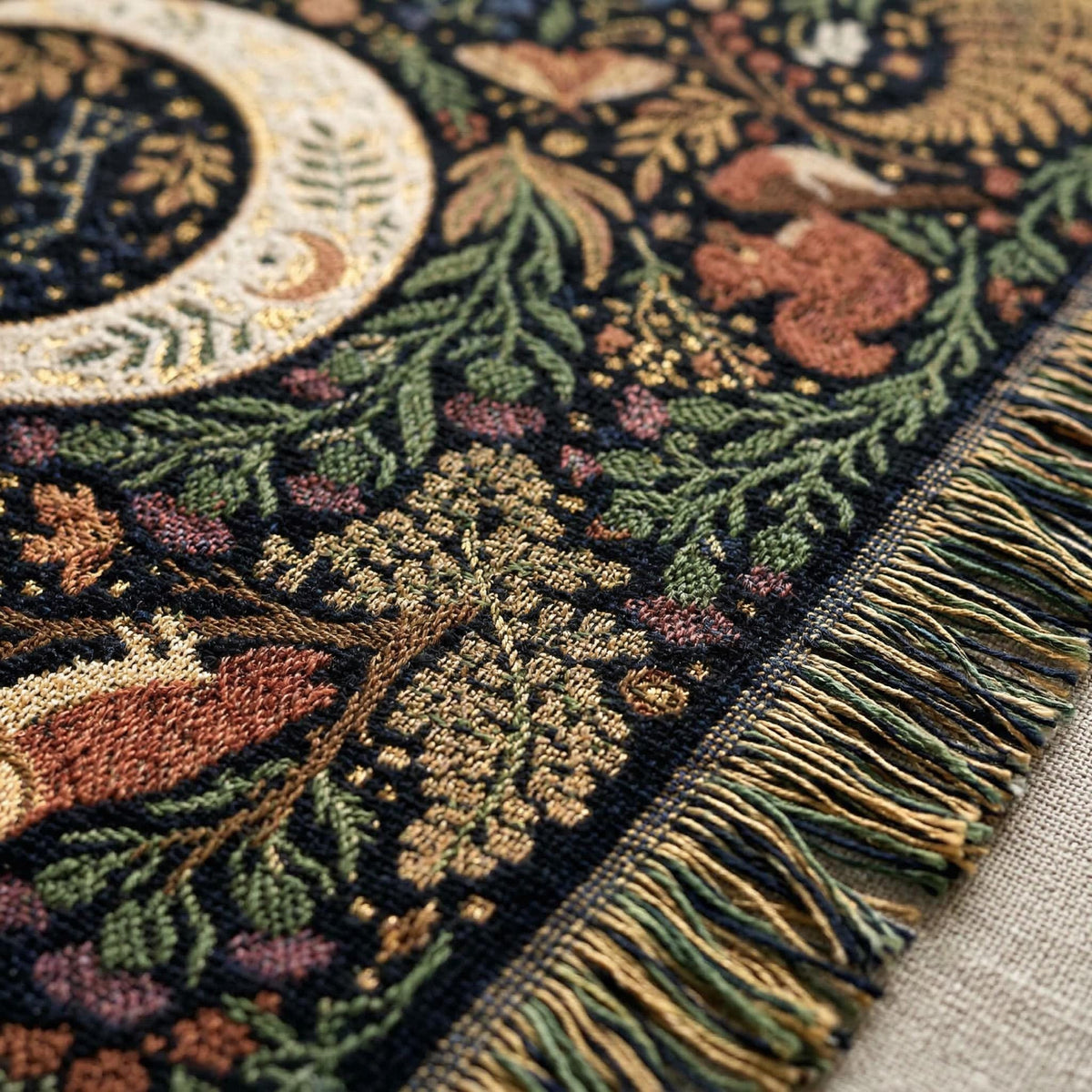 Celestial Woodland Woven Blanket | Moon Forest Animals Tapestry Throw | Cottagecore Botanical Decor