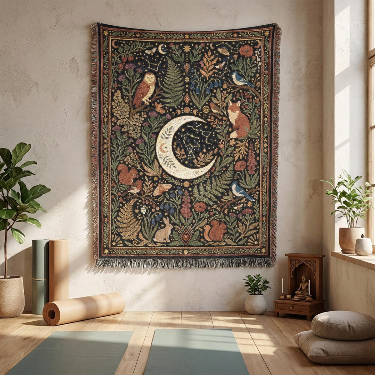Celestial Woodland Woven Blanket | Moon Forest Animals Tapestry Throw | Cottagecore Botanical Decor