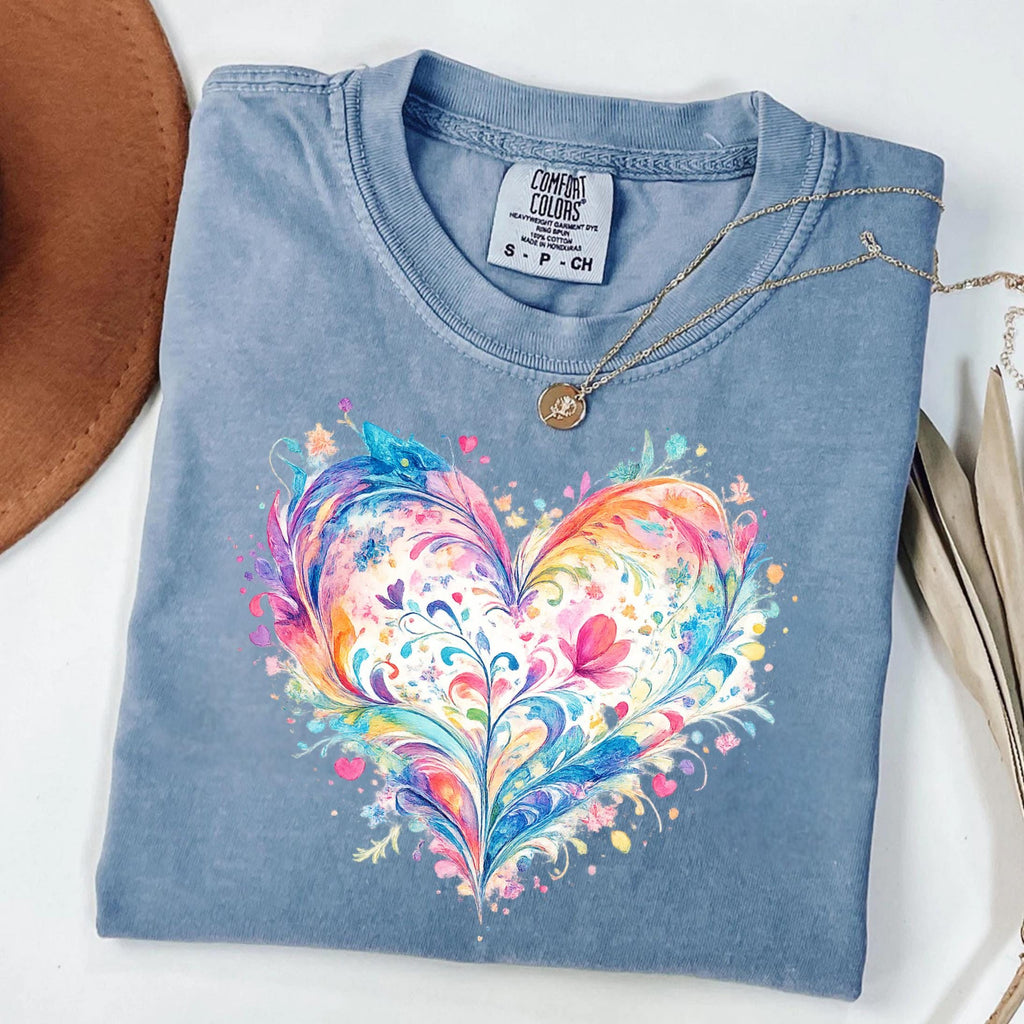 Comfort Colors Watercolor Heart Shirt Mothers Day Gift Colorful Love Art Romantic Cute Trendy Soft Vintage Floral Pastel Tee Women Mom Gift
