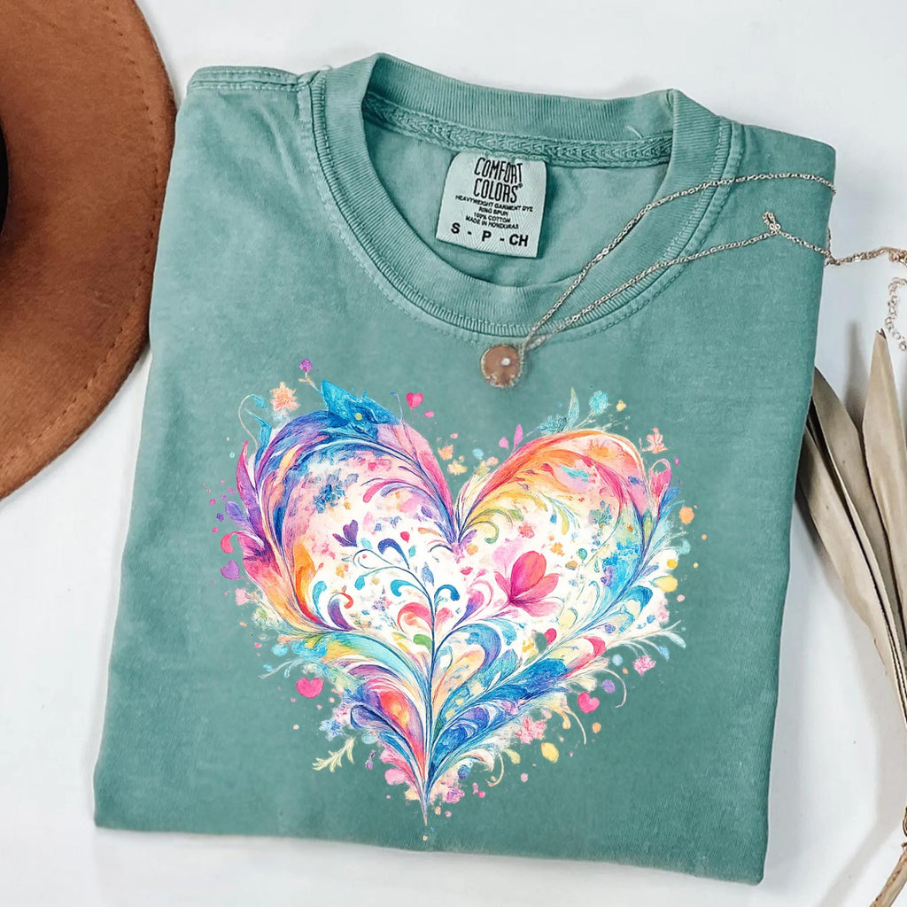 Comfort Colors Watercolor Heart Shirt Mothers Day Gift Colorful Love Art Romantic Cute Trendy Soft Vintage Floral Pastel Tee Women Mom Gift