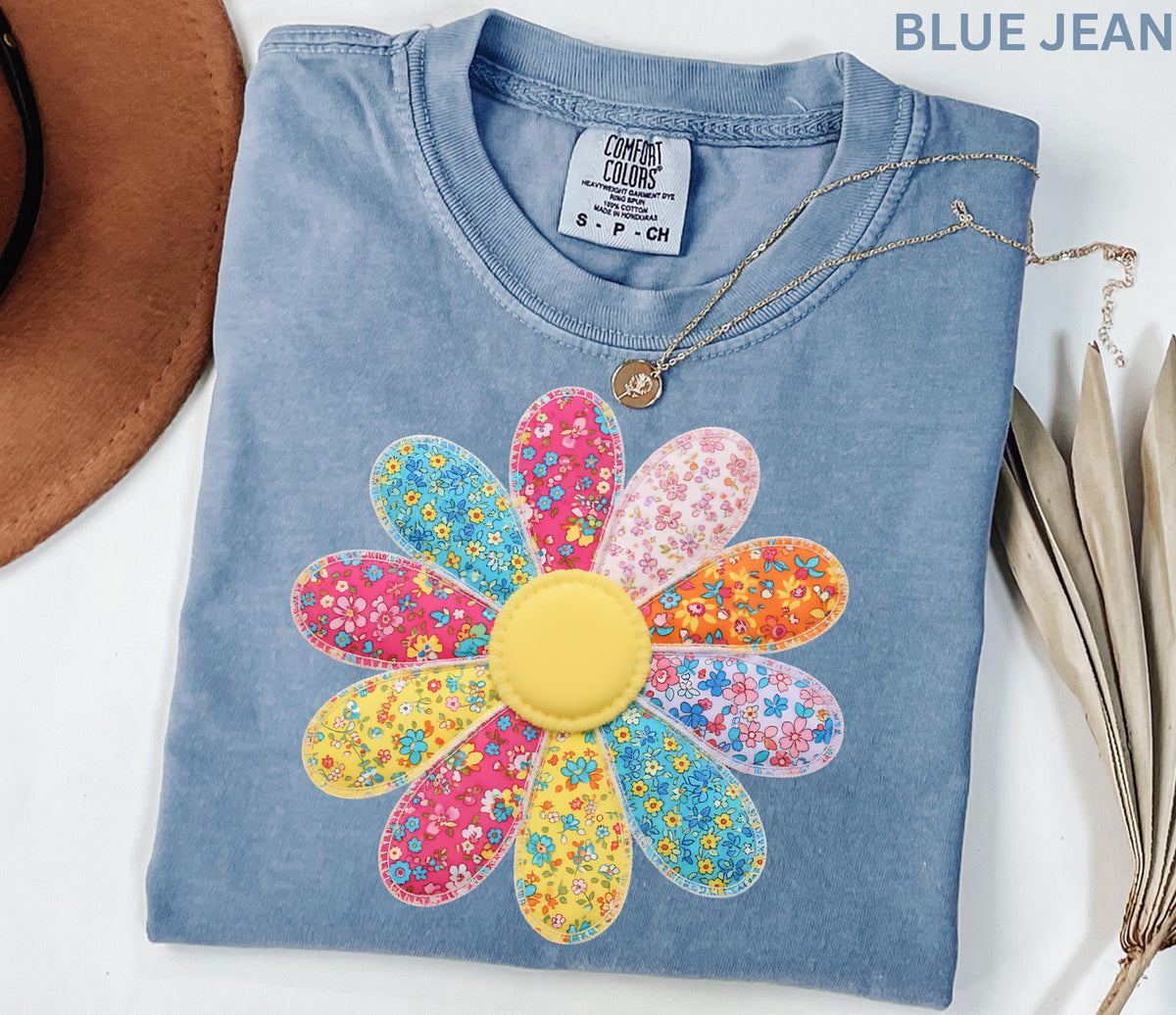 Comfort Colors Faux Patchwork Daisy Flower Shirt Retro Floral Shirt Spring Summer Flower Shirt Boho Daisy Tee Cute Floral Women Youth Shirt