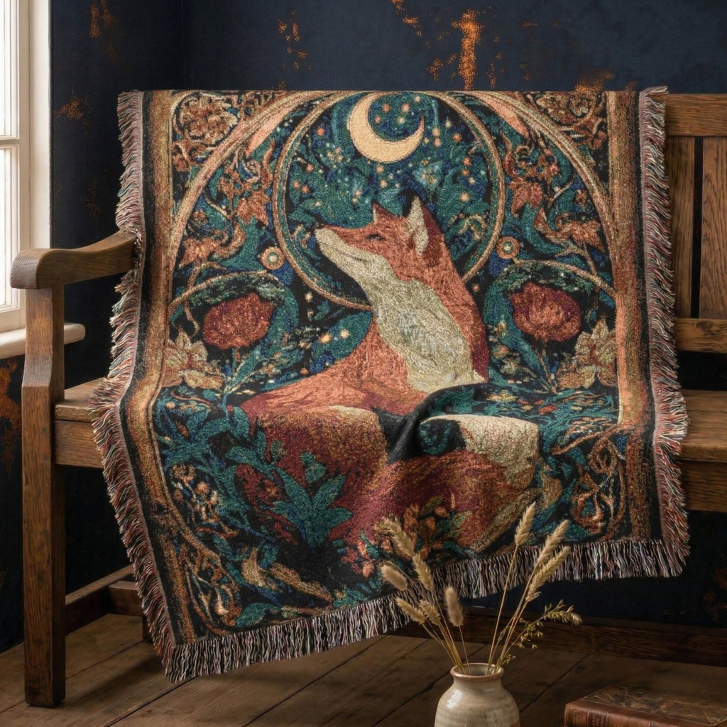 Celestial Fox 100% Cotton Woven Throw Blanket, Enchanted Forest Animal Tapestry, Whimsical Cottagecore Decor
