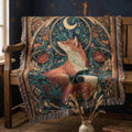 Celestial Fox 100% Cotton Woven Throw Blanket, Enchanted Forest Animal Tapestry, Whimsical Cottagecore Decor