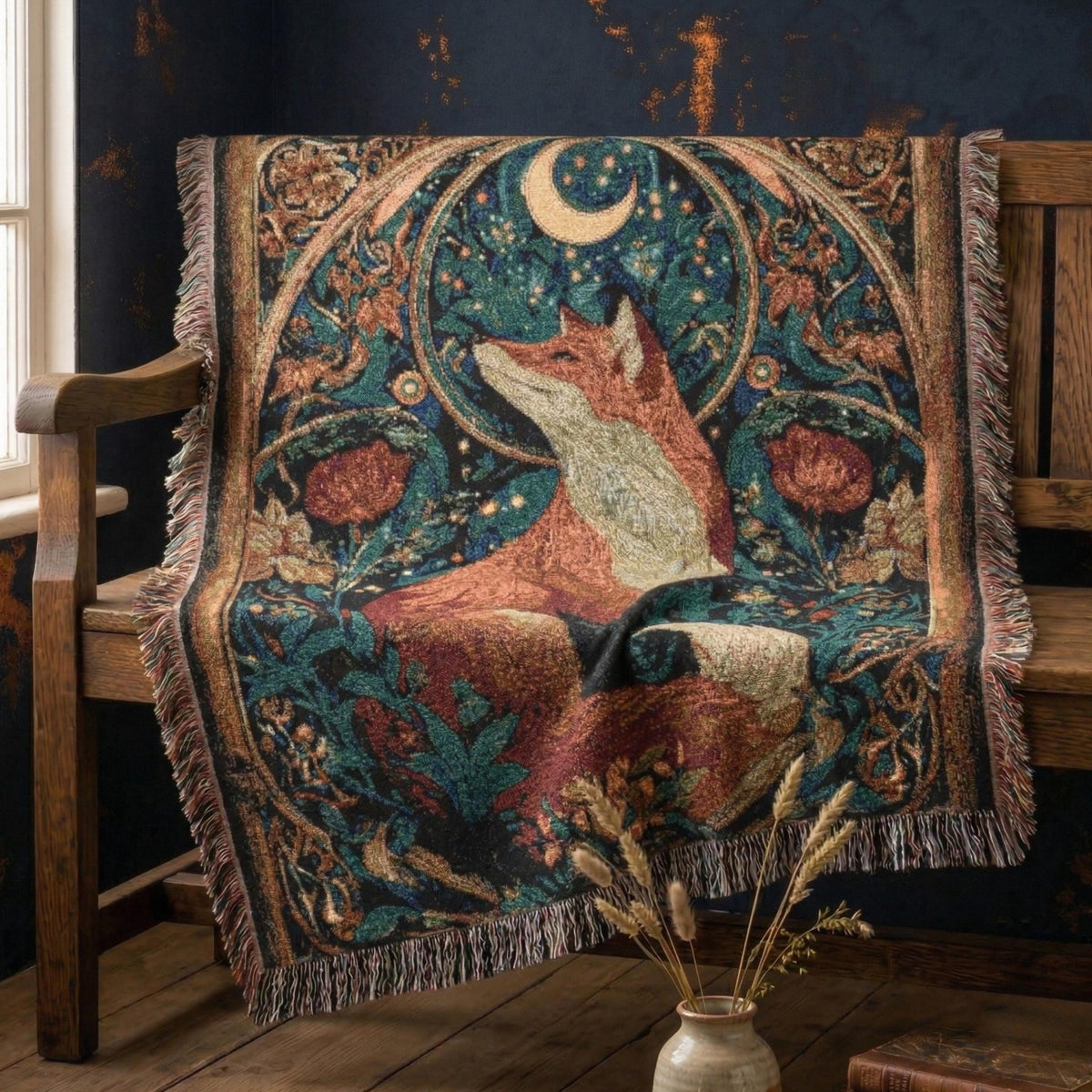 Celestial Fox 100% Cotton Woven Throw Blanket, Enchanted Forest Animal Tapestry, Whimsical Cottagecore Decor