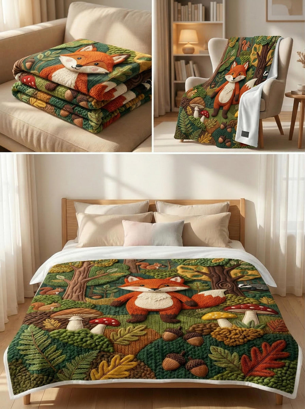 Woodland Faux Quilt Blanket, Minky Fleece Throw, Fox, Giraffe, Tiger, Bunny Designs