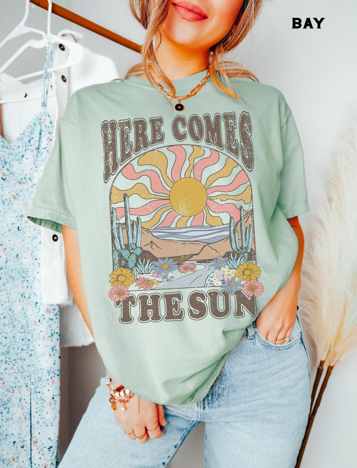 Here Comes The Sun Shirt, Comfort Colors® Retro Desert Sunset Graphic Tee, Boho Western Shirts