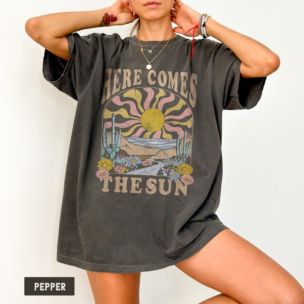 Here Comes The Sun Shirt, Comfort Colors® Retro Desert Sunset Graphic Tee, Boho Western Shirts