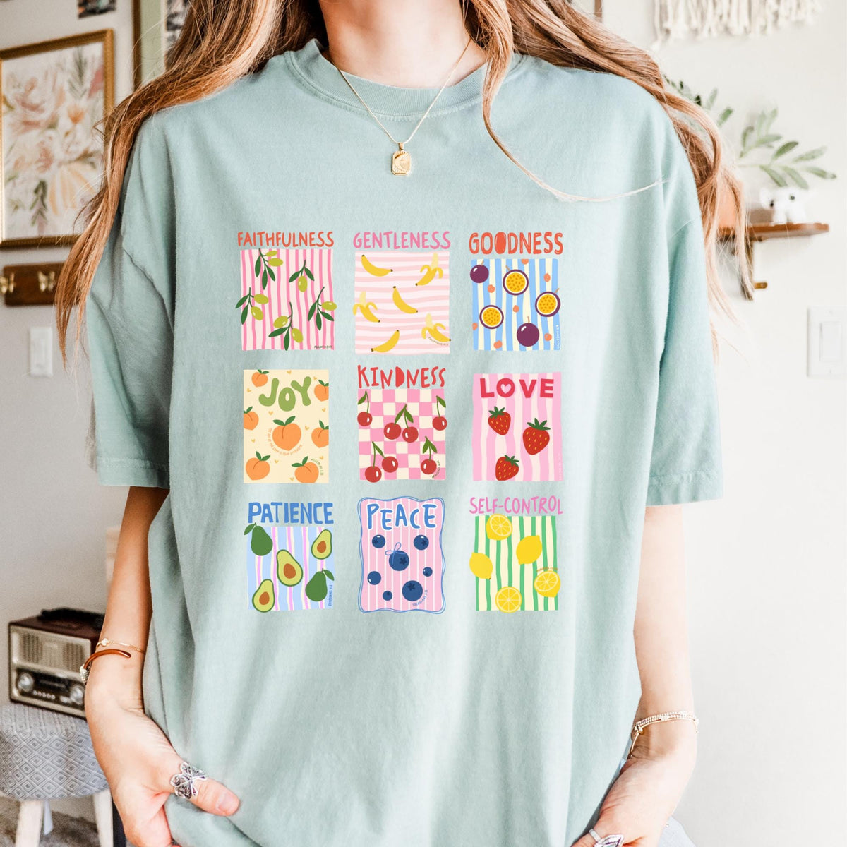Fruit of the Spirit Christian T shirt Bible Verse Shirt Comfort Color Stamp Graphic Tee Christian Trendy Shirt for Women Baptism Gift