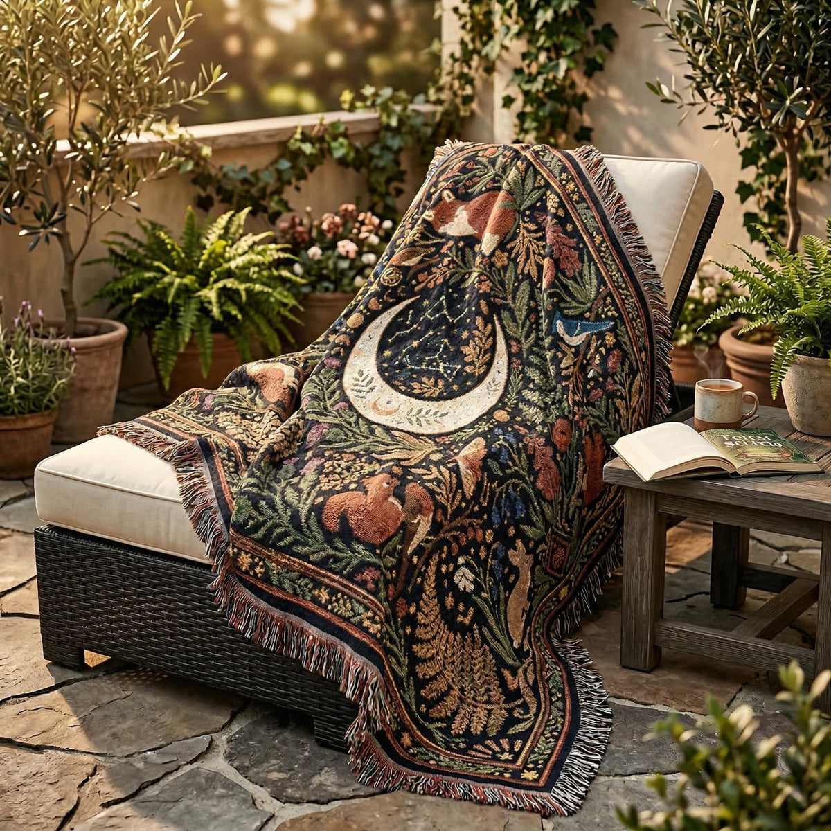 Celestial Woodland Woven Blanket | Moon Forest Animals Tapestry Throw | Cottagecore Botanical Decor