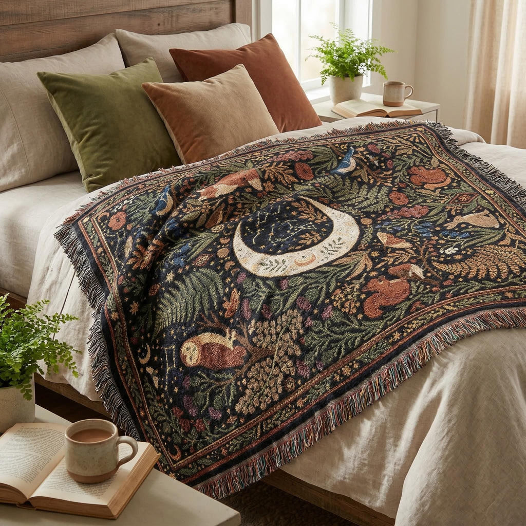 Celestial Woodland Woven Blanket | Moon Forest Animals Tapestry Throw | Cottagecore Botanical Decor