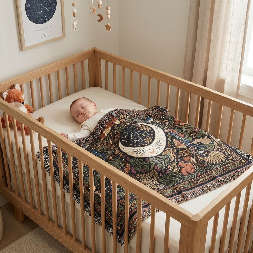 Celestial Woodland Woven Blanket | Moon Forest Animals Tapestry Throw | Cottagecore Botanical Decor