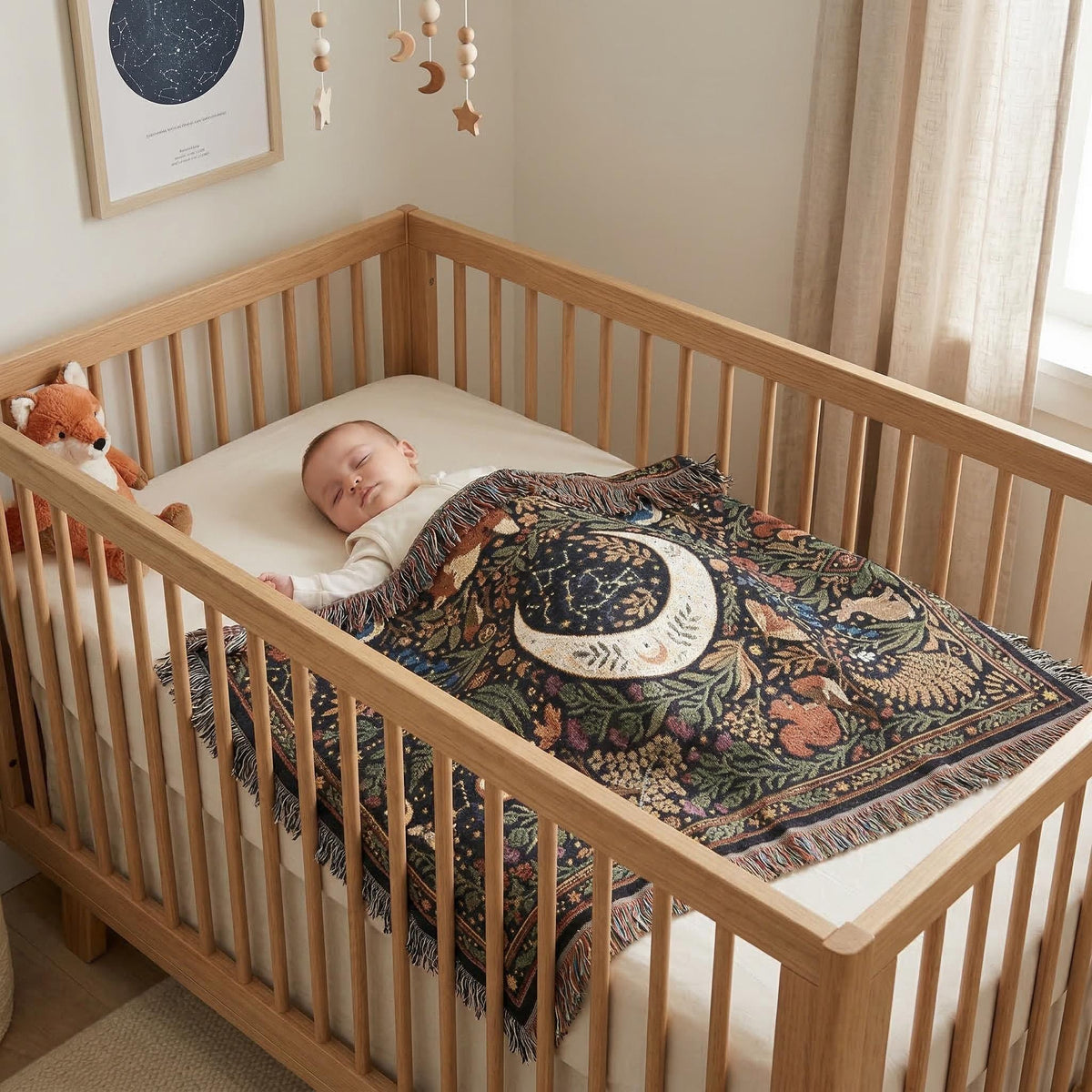 Celestial Woodland Woven Blanket | Moon Forest Animals Tapestry Throw | Cottagecore Botanical Decor