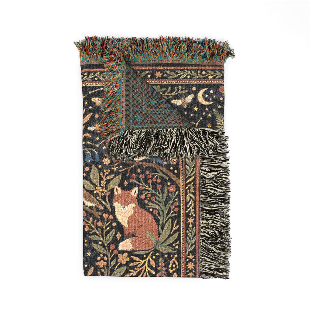 Celestial Woodland Woven Blanket | Moon Forest Animals Tapestry Throw | Cottagecore Botanical Decor