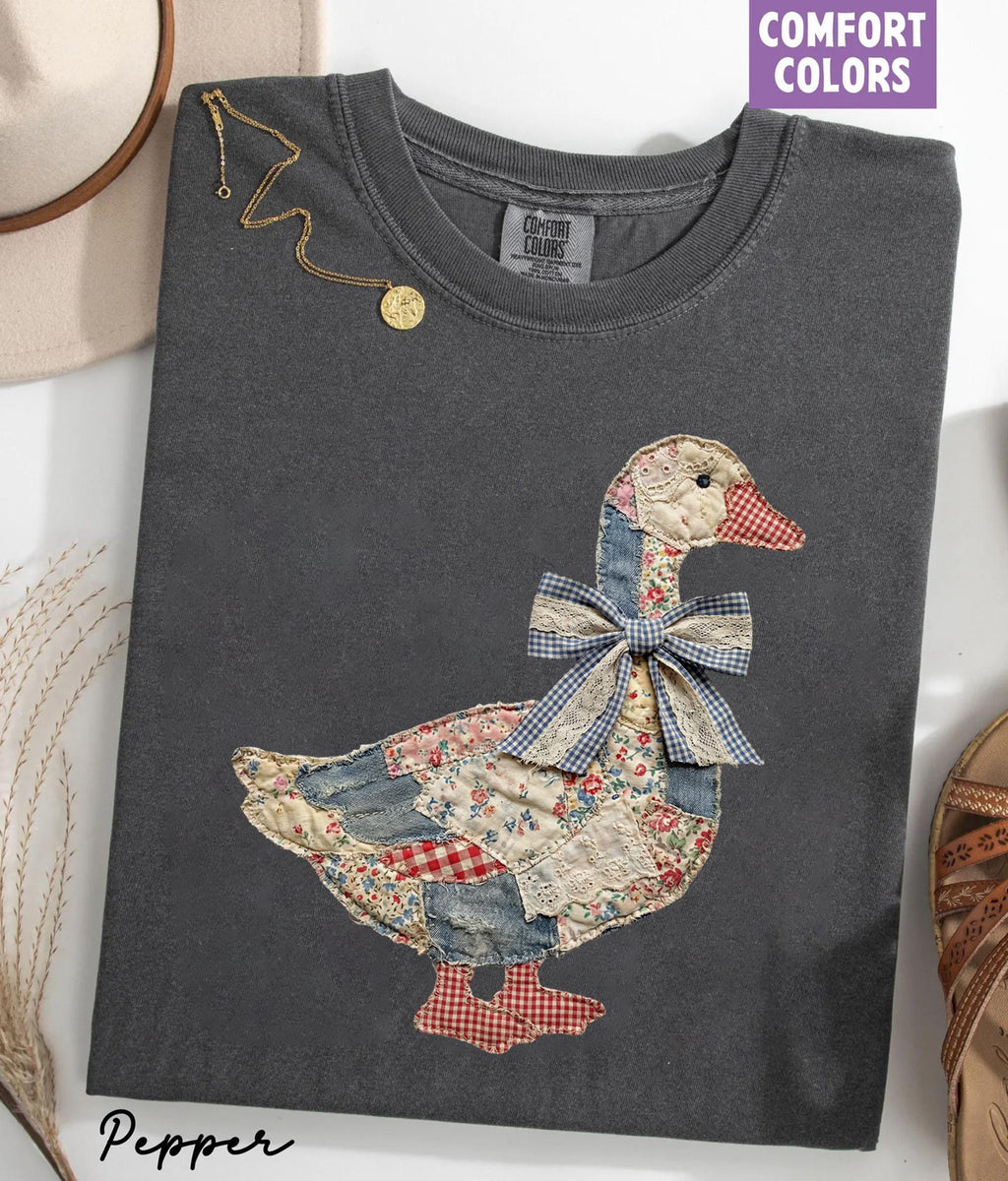 Comfort Colors® Faux Patchwork Grandmacore Goose Shirt,Easter graphic tee, floral retro coquette duck shirt, cottagecore gingham spring tee
