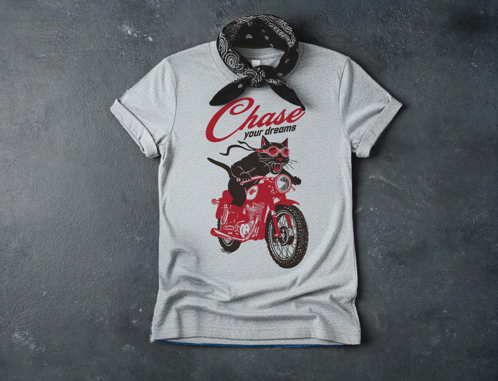 Chase Your Dreams Women's Tee | Edgy Black Cat Retro Motorcycle Fitted T-Shirt
