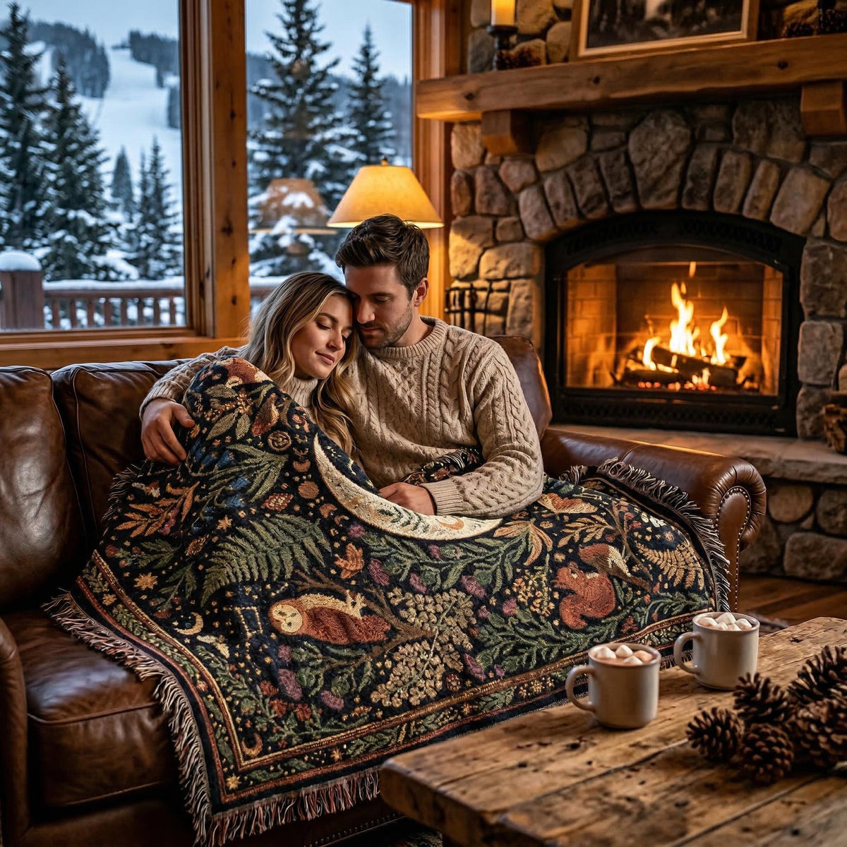 Celestial Woodland Woven Blanket | Moon Forest Animals Tapestry Throw | Cottagecore Botanical Decor