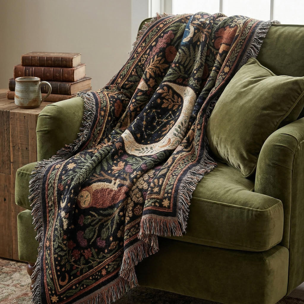 Celestial Woodland Woven Blanket | Moon Forest Animals Tapestry Throw | Cottagecore Botanical Decor