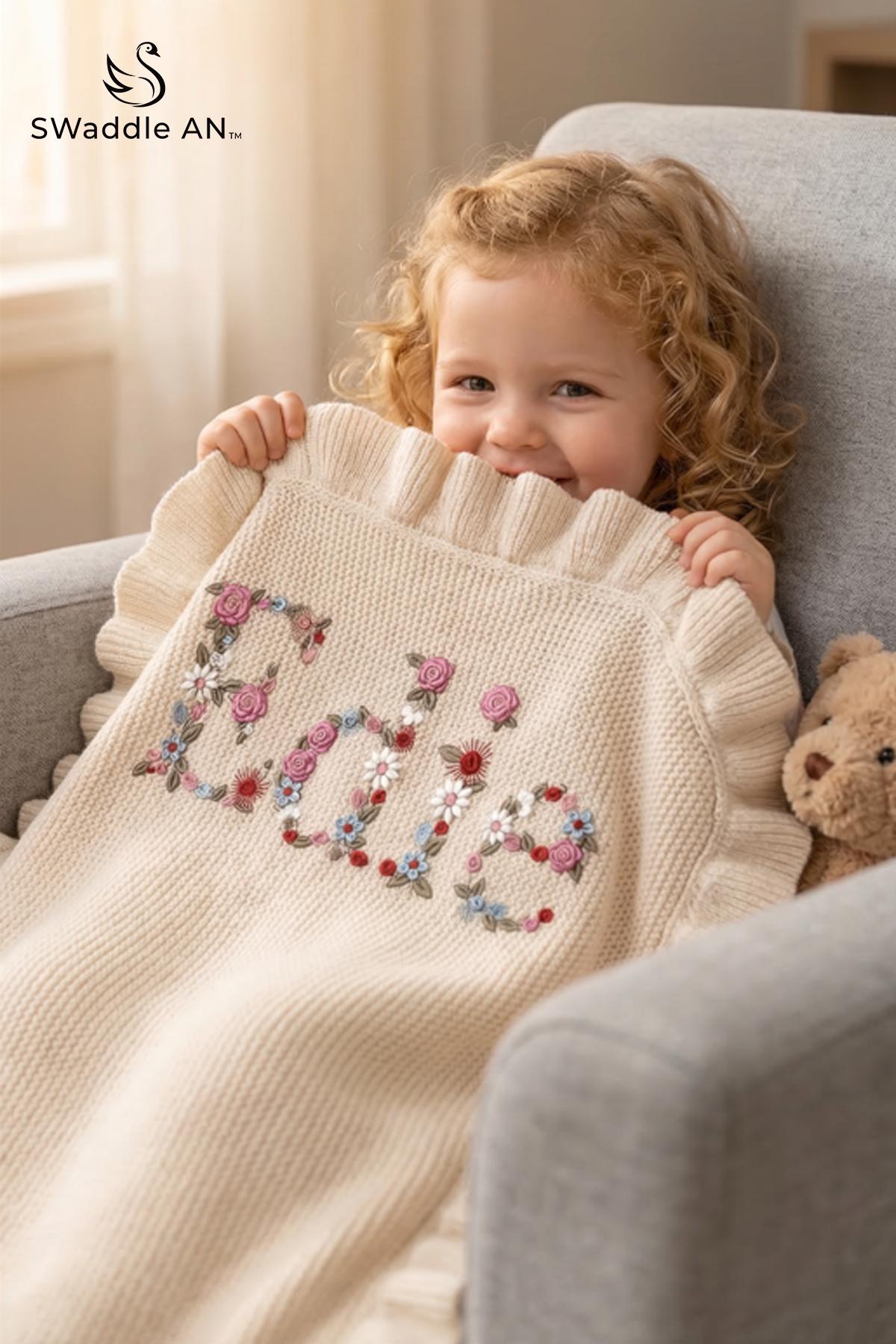 Personalized Embroidered Baby Blanket, Boho Baby Blanket, Floral Baby Blanket, Baby Knit Blanket, Newborn Gift For baby Girl, First Birthday