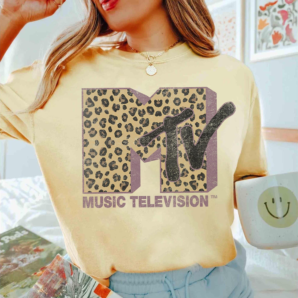Womens MTV Classic Leopard Print Bold Logo Shirt, Music Television MTV Logo Tee, Retro 80s 90s Style MTV Tee, Disneyland Family Matching Tee