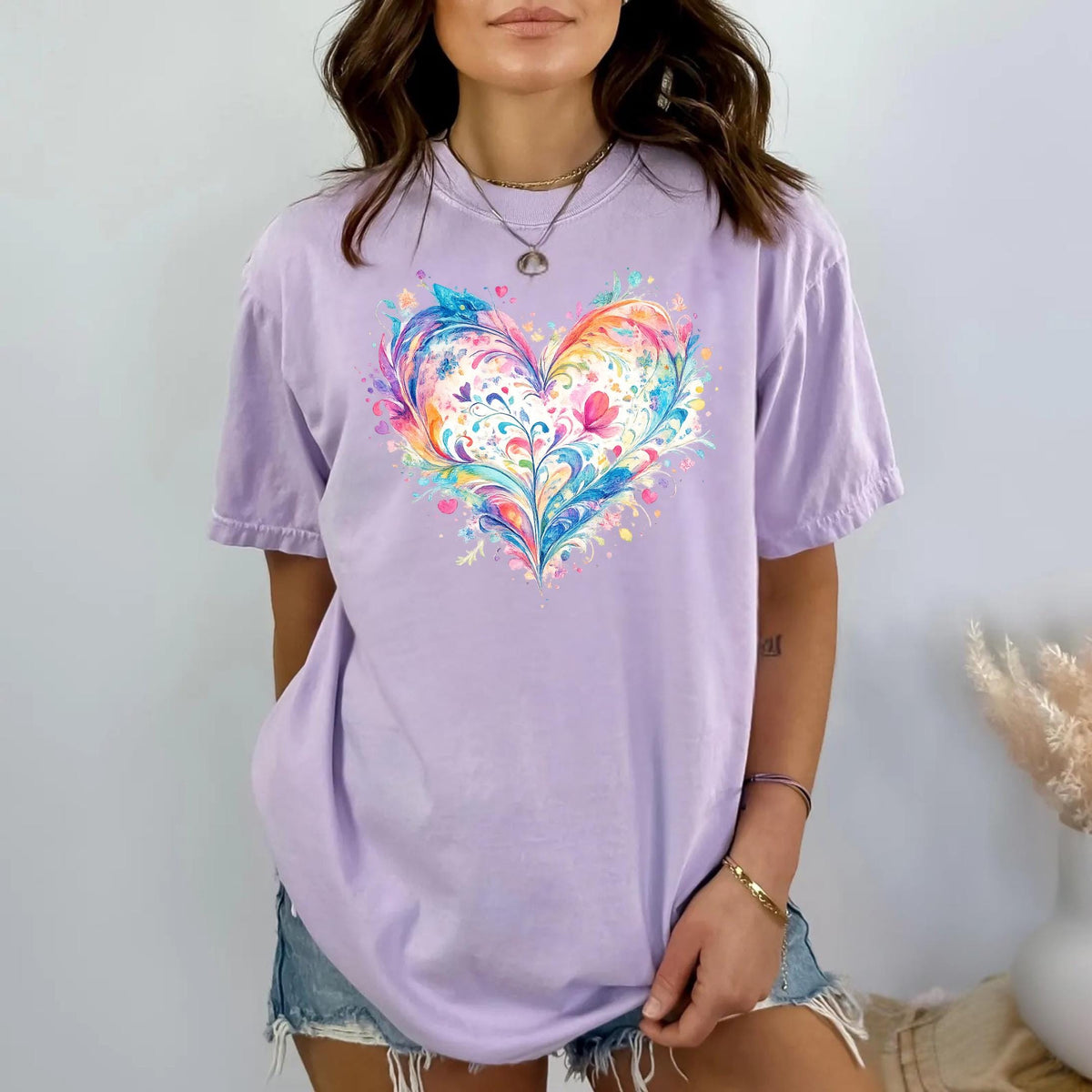 Comfort Colors Watercolor Heart Shirt Mothers Day Gift Colorful Love Art Romantic Cute Trendy Soft Vintage Floral Pastel Tee Women Mom Gift
