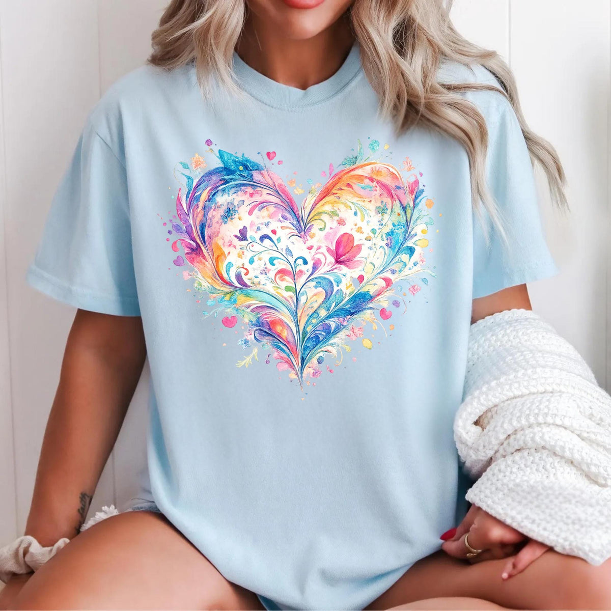 Comfort Colors Watercolor Heart Shirt Mothers Day Gift Colorful Love Art Romantic Cute Trendy Soft Vintage Floral Pastel Tee Women Mom Gift