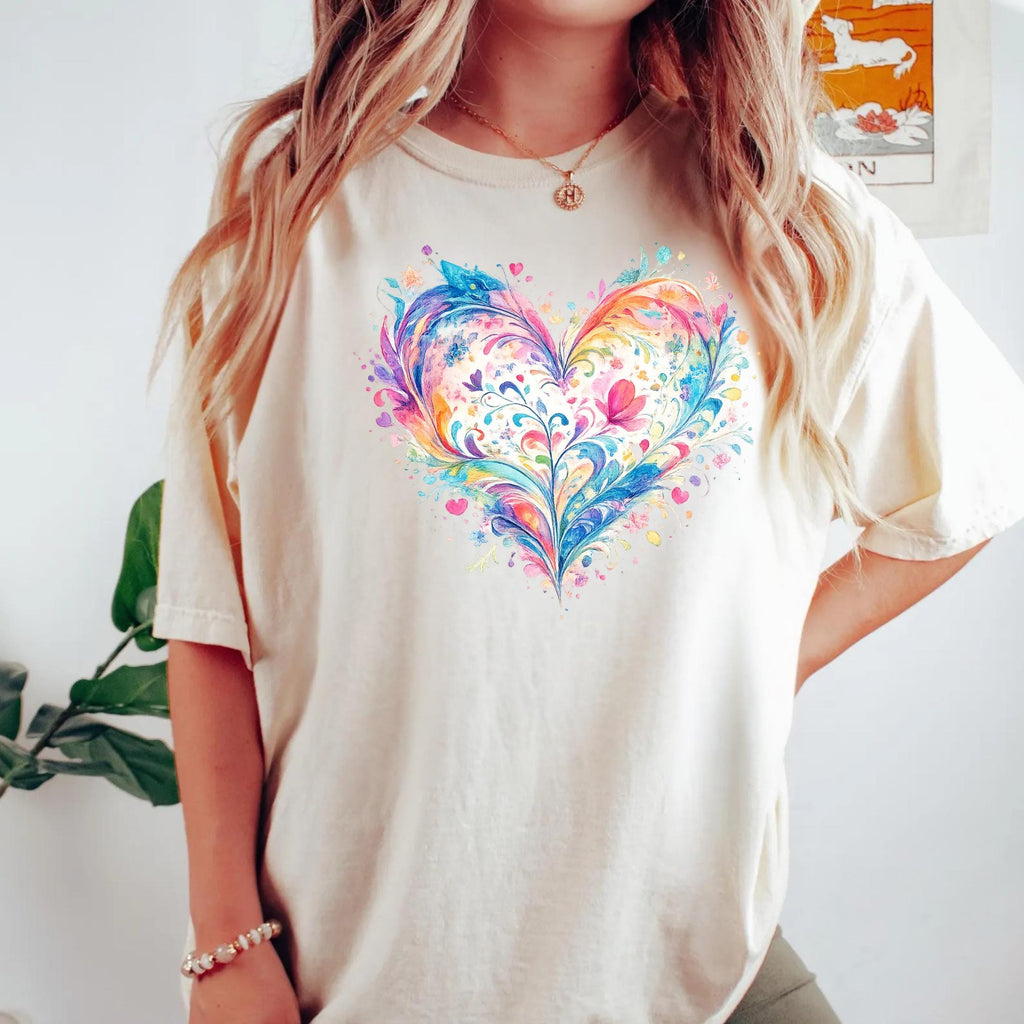Comfort Colors Watercolor Heart Shirt Mothers Day Gift Colorful Love Art Romantic Cute Trendy Soft Vintage Floral Pastel Tee Women Mom Gift